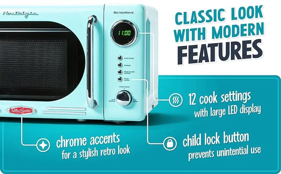 Retro Countertop Microwave Oven, 800-Watt, 0.9 cu ft - 12 Pre-Programmed Cooking Settings - Digital Clock, Kitchen Appliances