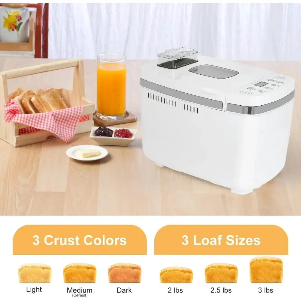 Gluten free bread maker with fruit and nut dispenser, 14 in 1 bread maker with dual paddle programmable 3 shell colors, white