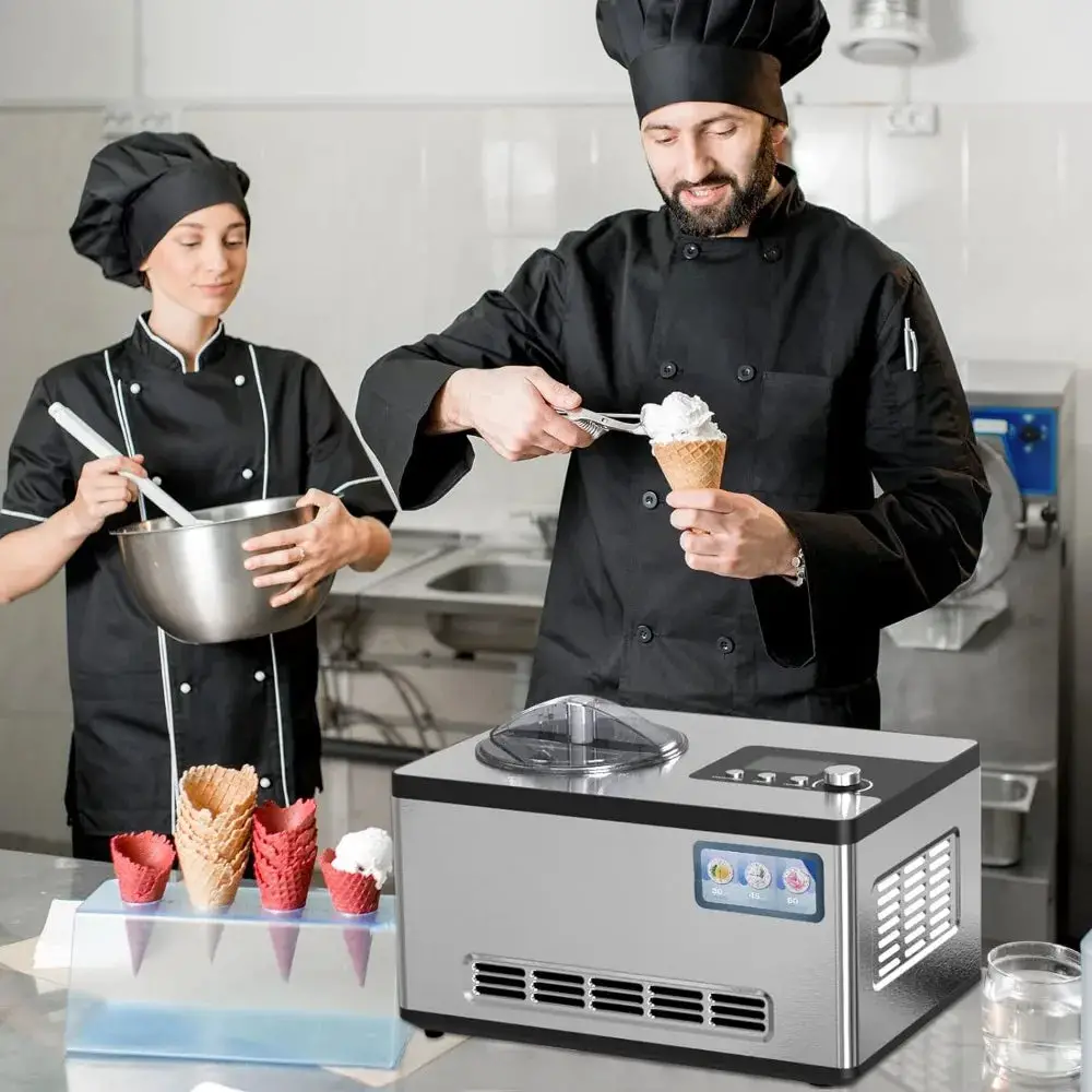 Ice Cream Maker, No Pre-Freezing Automatic Ice Cream Machine 2.1 Quart with Built-in Compressor and LCD Timer for Gelato