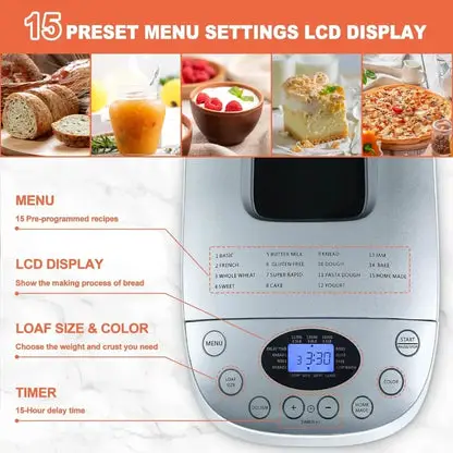 3.5-pound 15-in-1 automatic bread maker with dual kneading paddle bread maker, touch screen and LCD display screen