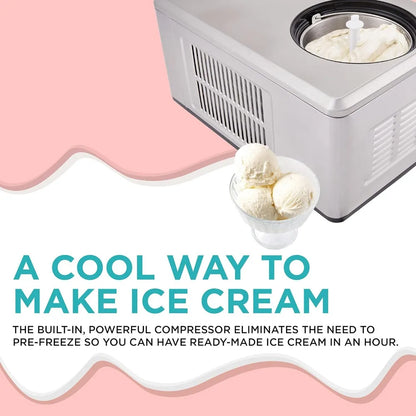 2 Qt Automatic Ice Cream Maker Machine, No Pre-freezing Necessary with Built-in Compressor, Stainless Gelato & Yogurt Machine