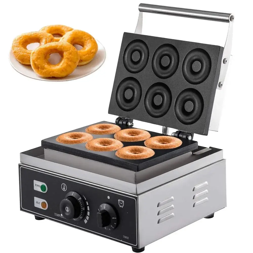 Commercial Waffle Donut Machine 6 Holes Double-Sided Heating 50-300℃, Electric, 1550W, Non-stick Donut Maker Teflon-Coating