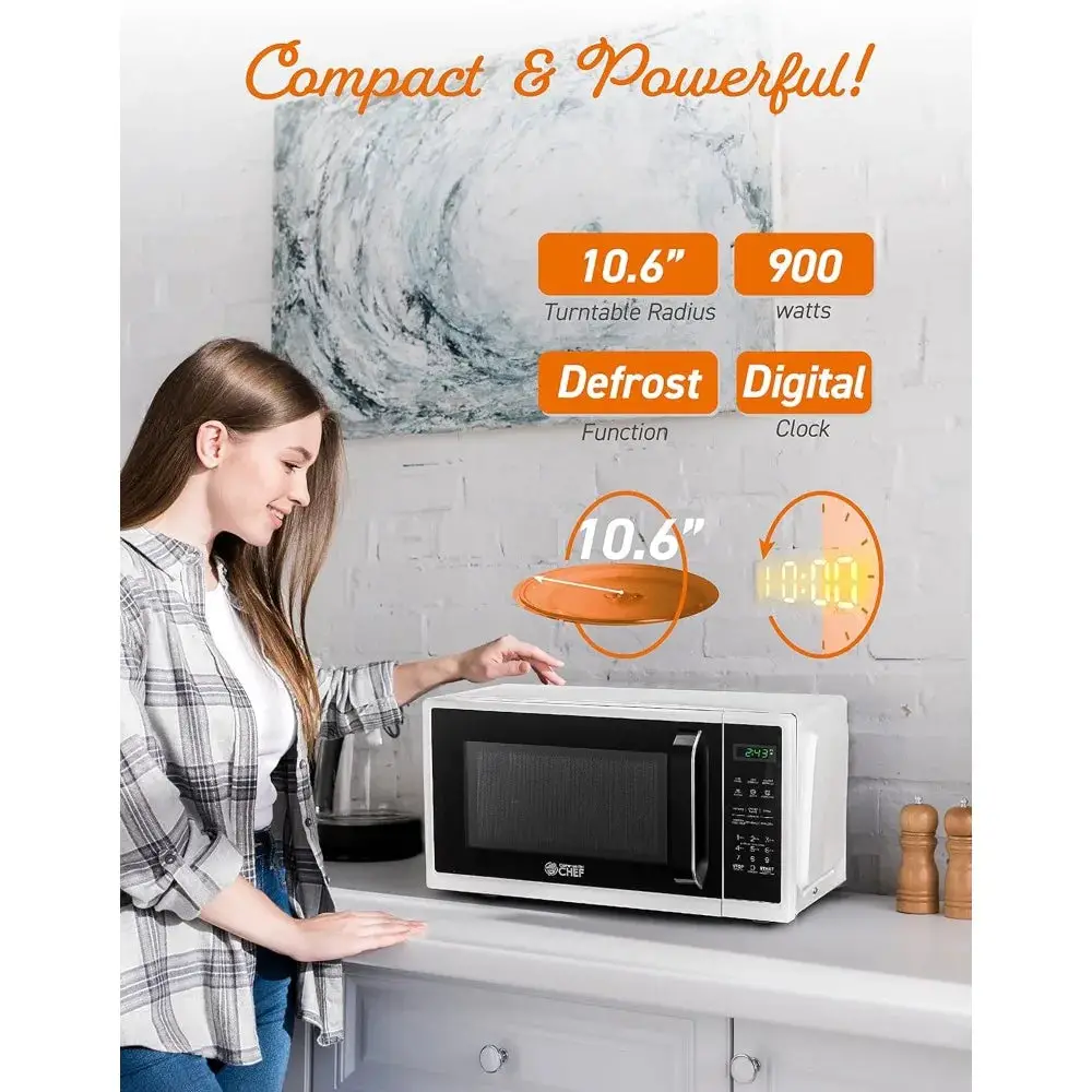 0.9 Cubic Foot Microwave, Small Microwave with Grip Handle, 900W with Digital Display, Door Lock and Kitchen Timer, White