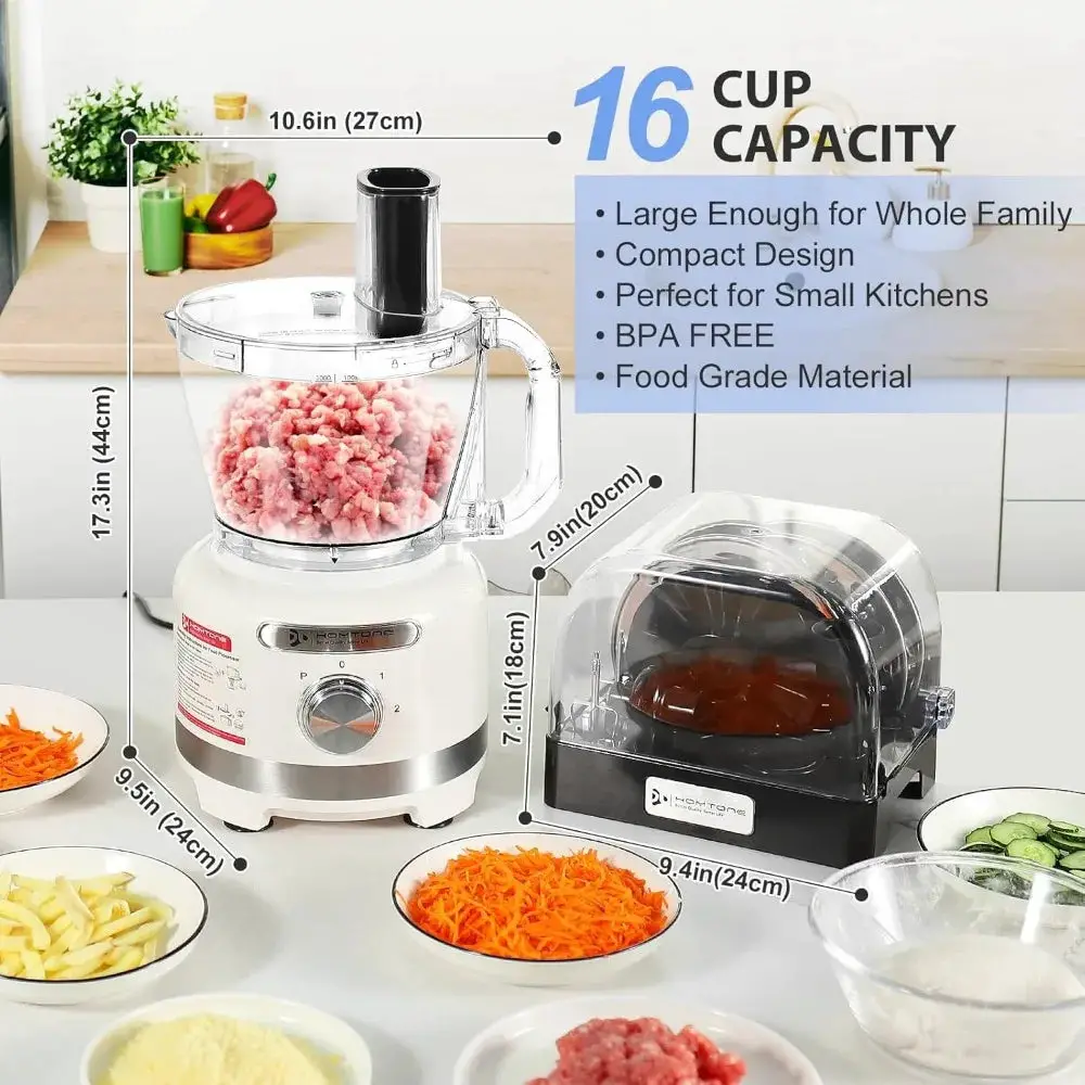 16 Cup Food Processor with Storage Box, 10-in-1 Electric Vegetables Chopper for Slicing, Dough, Extra-Large 3" Feed Chute, 600W