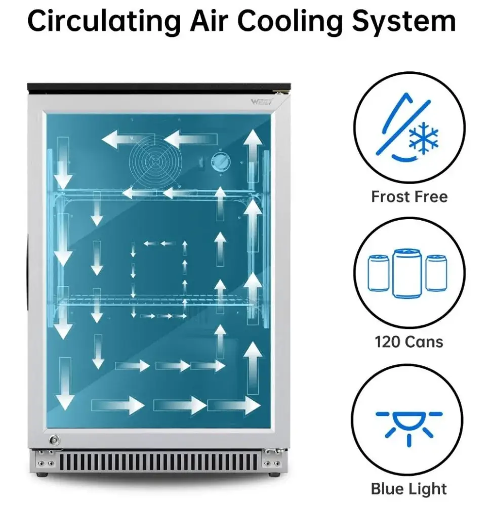 120 Can Mini Fridge with Glass Door, 20 Inch Beverage Fridge with Lock & LED Light, Auto Defrost, 36-50°F Freestanding Cooler