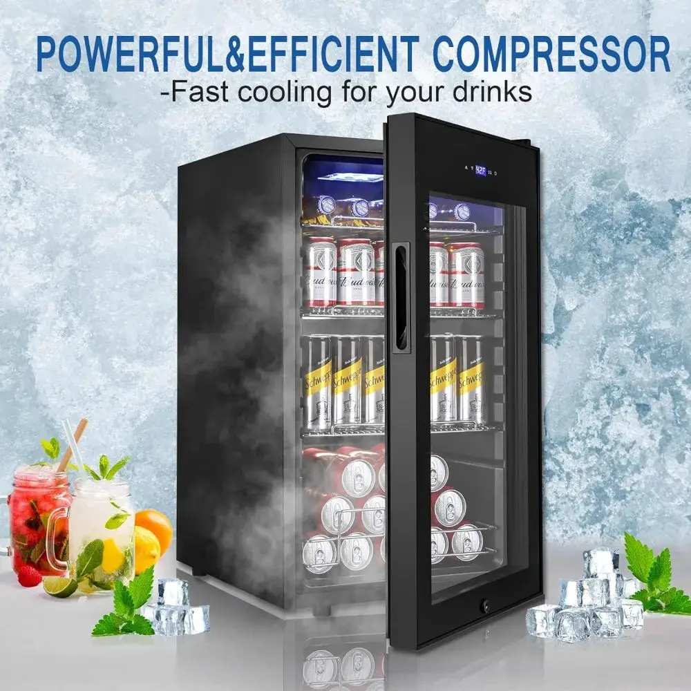 Beverage Refrigerator and Cooler Freestanding, 96 Cans Mini Fridge with glass door and Lock, Small Drink Fridge, with LED Light