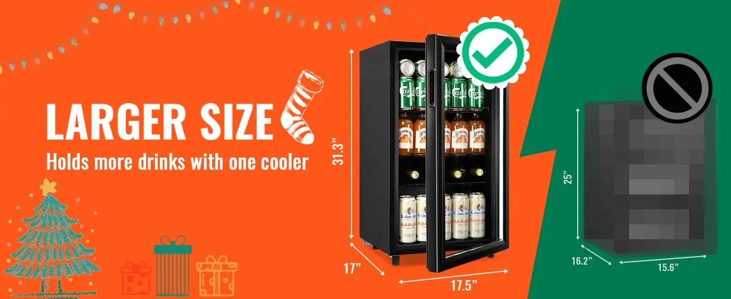 Mini Fridge Glass Door 120 Cans Beverage Refrigerator Small Wine Cooler Clear Front Drinks Fridge with 7 Thermostat LED Lights