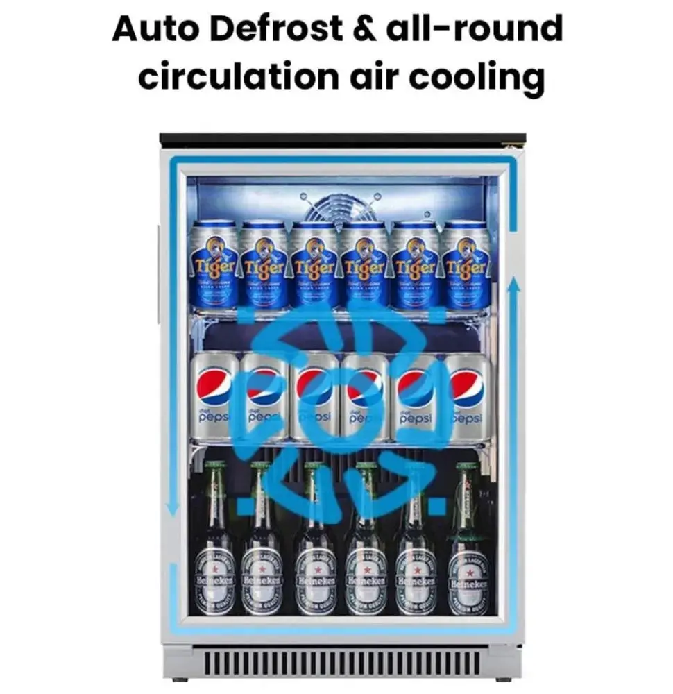 20 Inch Beverage Fridge with Glass Door, 120 Can Mini Fridge with Blue LED Light for Beer, 36-50°F Under Cooler, Auto Defrost