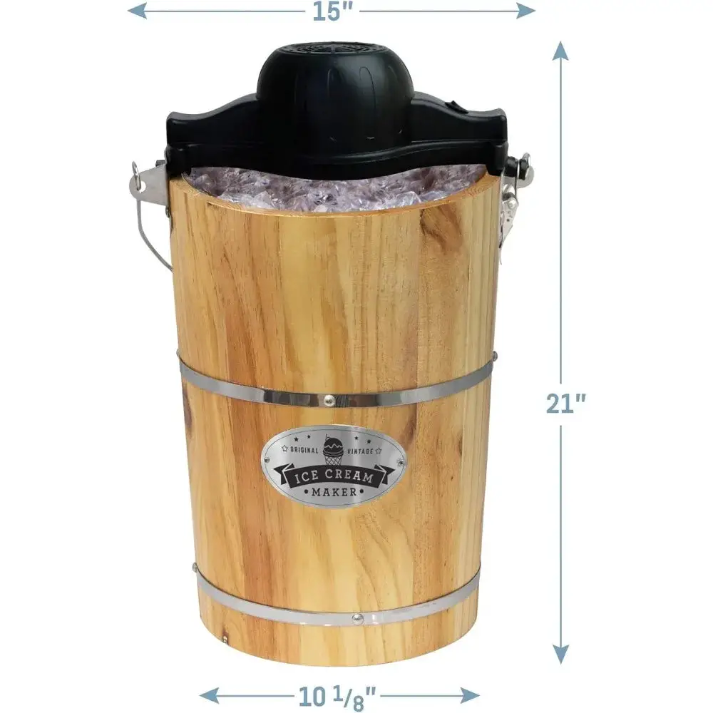 Old Fashioned 6 Quart Vintage Wood Bucket Electric Ice Cream Maker Machine, Bonus Classic Die-Cast Hand Crank for Churning