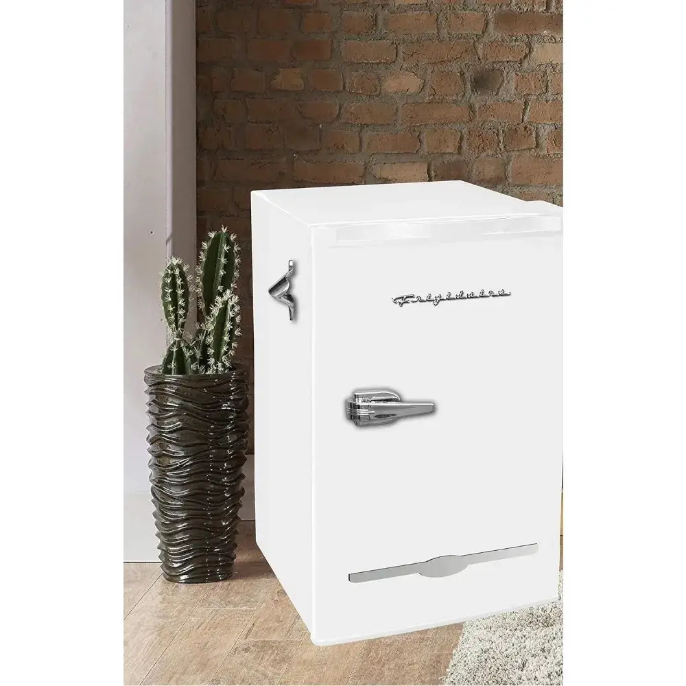 3.2 Cu Ft White Retro Bar Fridge, with Side Bottle Opener, Household Mini Refrigerator, Small Portable, Easy to Place