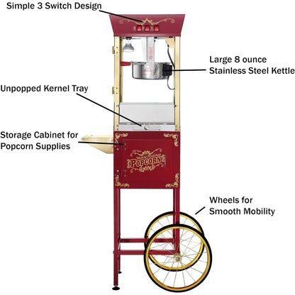 8 Ounce Antique Popcorn Machine and Cart, popcorn popper Red Movie style, With Stainless Steel and Tempered Glass Food Zones