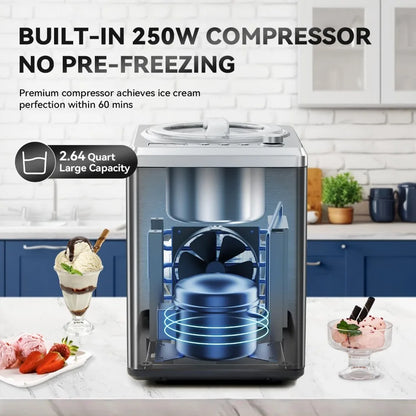 2.5L Automatic Ice Cream Maker Machine with Built-in Compressor - No Pre-Freezing, 3 Modes, LCD Display, Timer,8 Hours Keep Cool