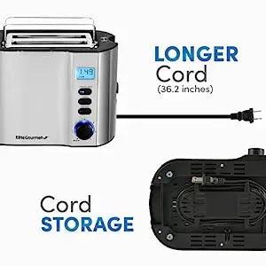 Extra Wide Slot 2-Slice Toaster, Bagel Function Reheat, Defrost, Cancel Functions, 6 Settings, Countdown Timer, Stainless Steel