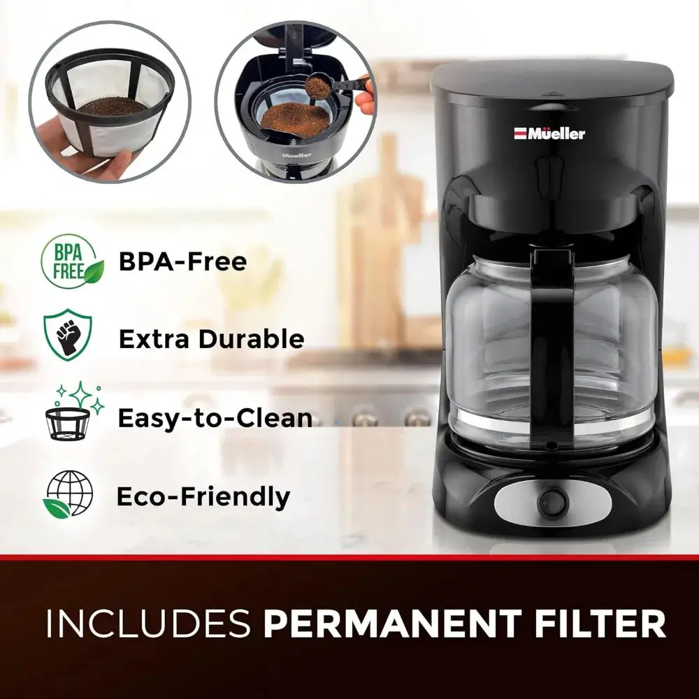 Mueller 12-Cup Drip Coffee Maker - Borosilicate Carafe, Auto-Off, Reusable Filter, Anti-Drip, Keep-Warm Function