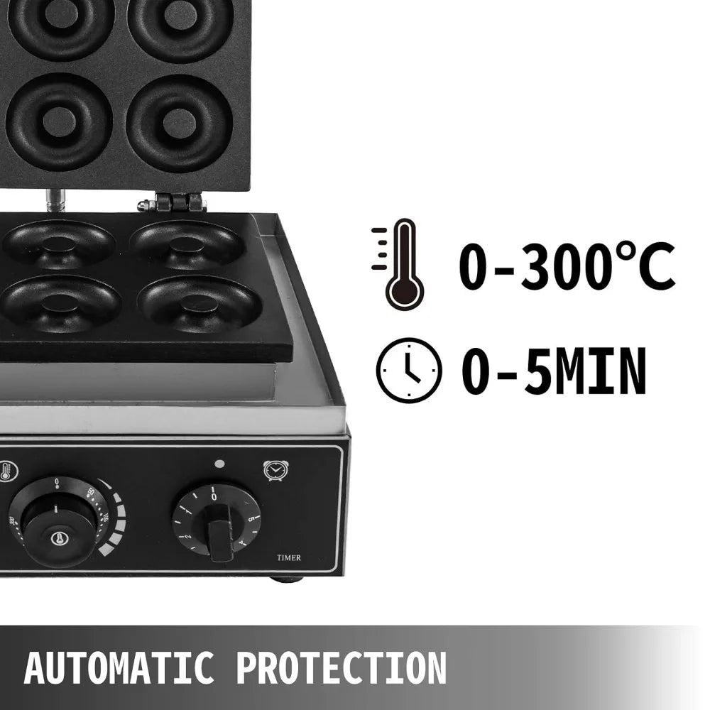 Commercial Waffle Donut Machine 6 Holes Double-Sided Heating 50-300℃, Electric, 1550W, Non-stick Donut Maker Teflon-Coating