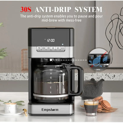 Programmable Drip Coffee Maker 4-12 Cup with Glass Carafe, 4-Hour Auto Shut Off & Keep Warm, Anti-Drip System, Strong Brew