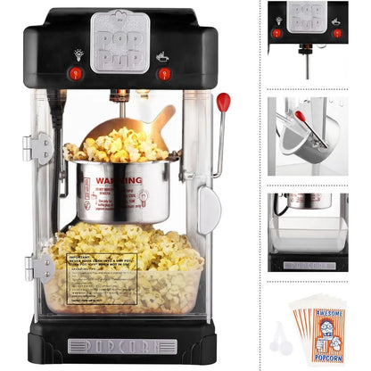 Countertop Popcorn Machine – 2.5oz Kettle with Measuring Spoon, Scoop, and 25 Serving Bags (Black)