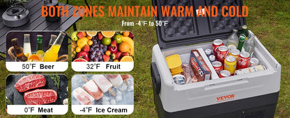 12 Volt Car Refrigerator Fridge, 58 QT/55 L Dual Zone Portable Freezer, 12/24V DC and 100-240V AC Compressor Cooler, for Outdoor