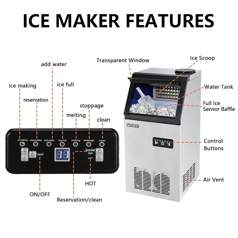 110LBS/24H Commercial Ice Maker Machine with 2 Water Inlets, Freestanding with 24lbs Storage Bin, Ice Scoop & Water Filter