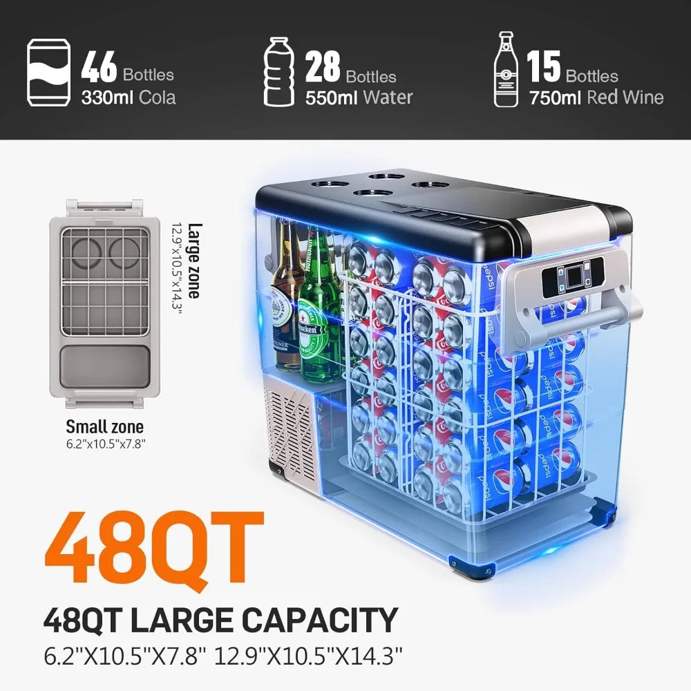 Lodówka samochodowa, 48QT (45L) Lodówka samochodowa elektryczna Chłodziarka APP Control, Lodówka 12V -4℉~68℉, Przenośna lodówka na kemping