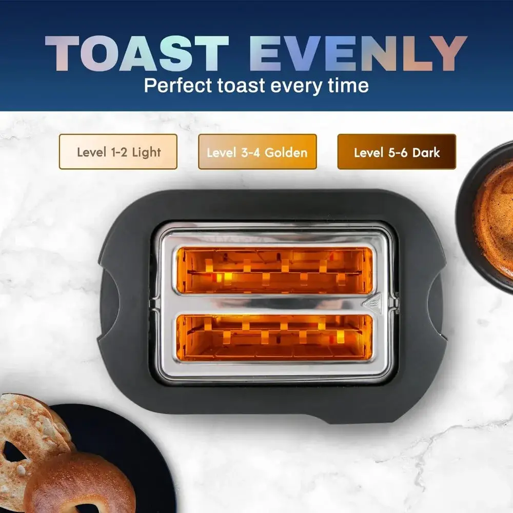 Extra Wide Slot 2-Slice Toaster, Bagel Function Reheat, Defrost, Cancel Functions, 6 Settings, Countdown Timer, Stainless Steel