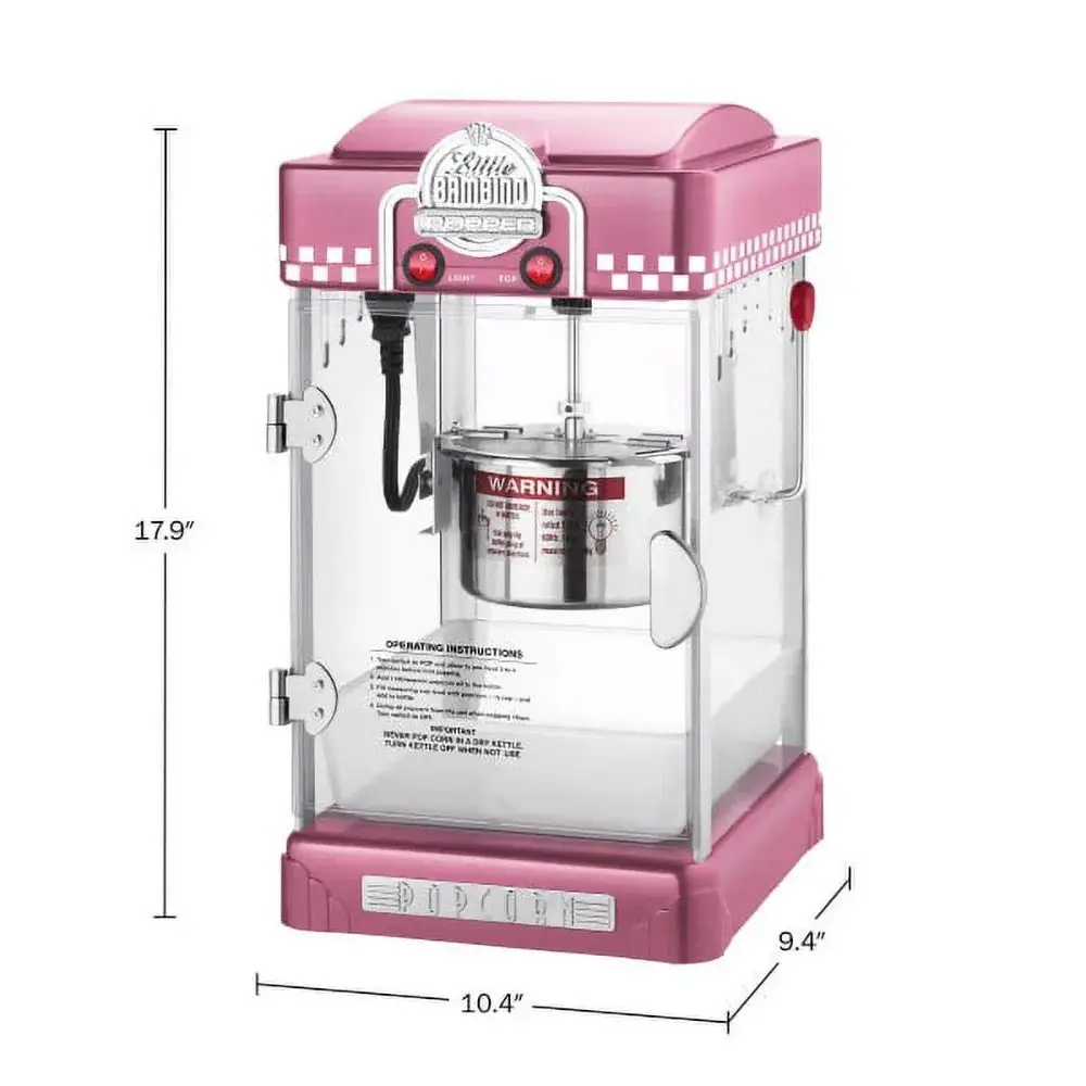 Countertop Popcorn Machine – 2.5oz Kettle with Measuring Spoon, Scoop, and 25 Serving Bags, Pink