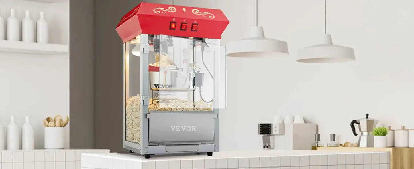 Commercial Popcorn Machine, 8 Oz Kettle, 850 W Countertop Popcorn Maker, with 3-Switch Control Steel Frame Tempered Glass Doors