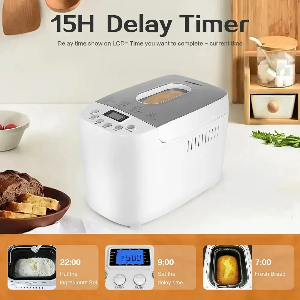 Bread maker 3LB dough maker, 15 in 1 automatic bread maker with non stick bowl, jam and yogurt, 3 different bread sizes