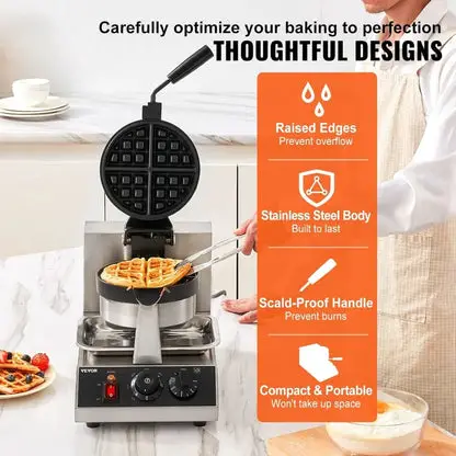 Commercial Waffle Maker, 1300W Round, Non-Stick Rotatable Waffle Baker Machine, Teflon-Coated Baking Pan Stainless Steel Body