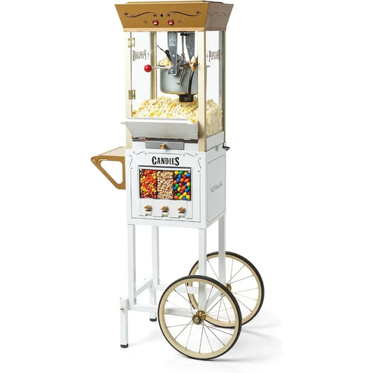 Popcorn Maker Machine, Professional Cart With 8 Oz Kettle Makes Up to 32 Cups Vintage Popcorn Machine Movie Theater Style, Ivory