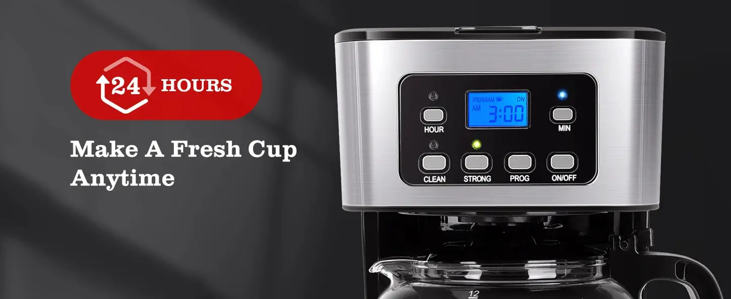 12-Cup Programmable Coffee Maker, Brew Drip Coffee Machine, Pause & Serve, Auto Shut Off, Black & Stainless Steel