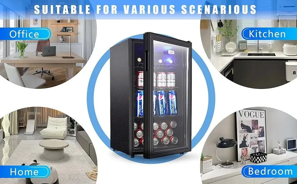 Beverage Refrigerators 120-Can Small Mini Fridge for Home or Bar with Glass Door and Adjustable Removable Shelves, 3.5 Cu.Ft.