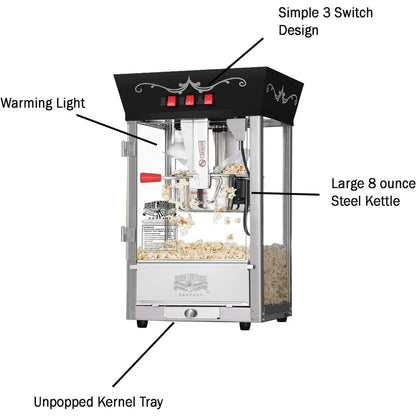 Popcorn Red Movie Theater Style 8 Ounce, Antique Popcorn Machine, Built with Stainless Steel and Tempered Glass Food Zones