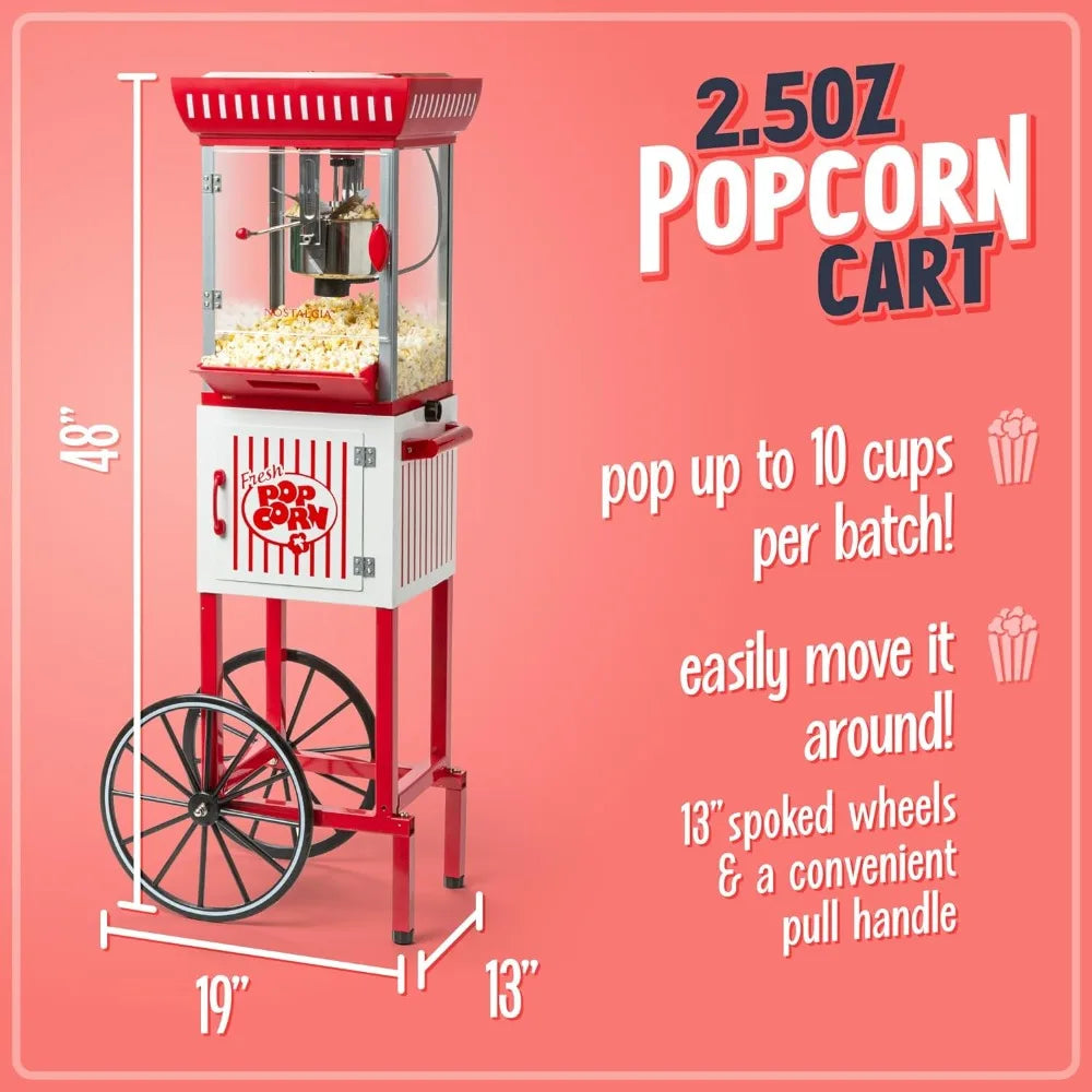 Maszyna do popcornu, profesjonalny wózek z czajnikiem 2,5 uncji, do przygotowania do 10 filiżanek - styl kina domowego w stylu vintage