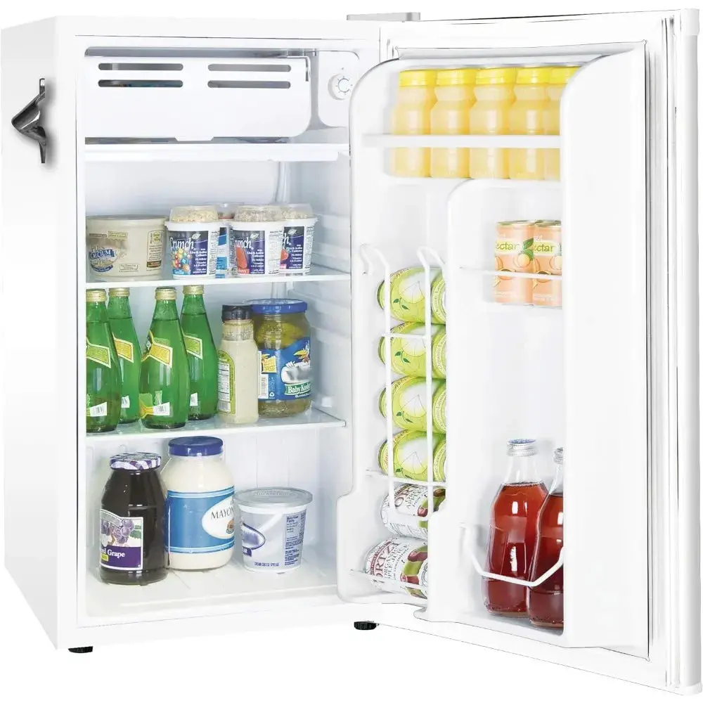 3.2 Cu Ft White Retro Bar Fridge, with Side Bottle Opener, Household Mini Refrigerator, Small Portable, Easy to Place