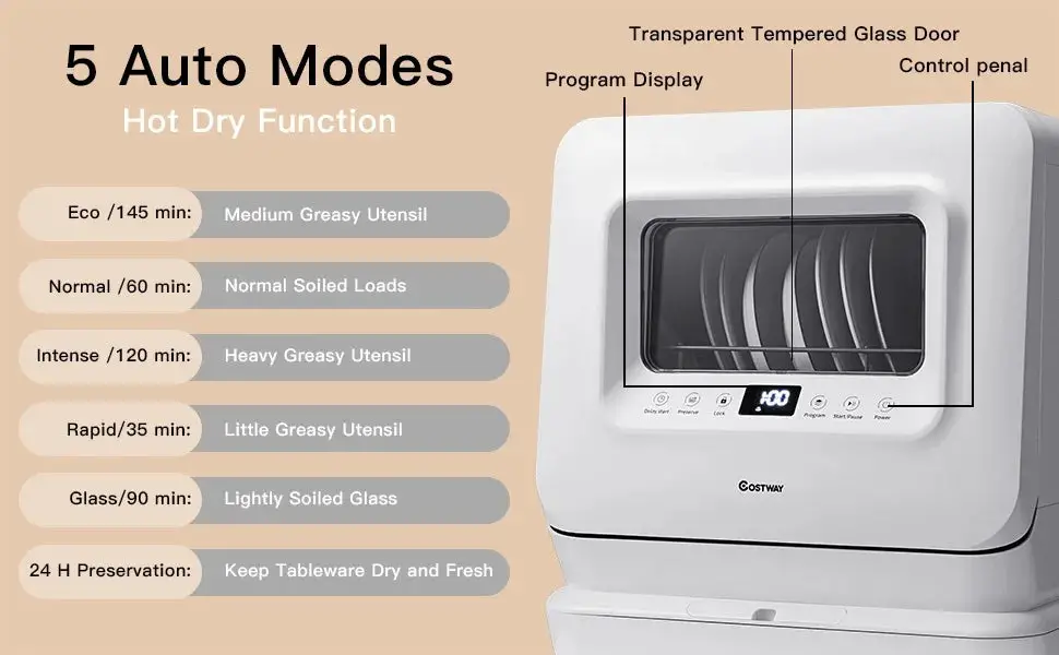 Portable Countertop Dishwasher, with 7.5 L Built-in Water Tank, 360° Dual Spray Arms,Air-Dry Function,Child Lock,Mini Dishwasher