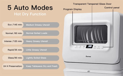 Portable Countertop Dishwasher, with 7.5 L Built-in Water Tank, 360° Dual Spray Arms,Air-Dry Function,Child Lock,Mini Dishwasher