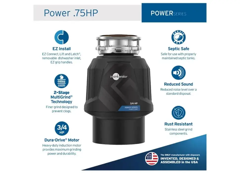 Power 0.75HP, 3/4 HP Garbage Disposal, Power Series EZ Connect Continuous Feed Food Waste Disposer, Black