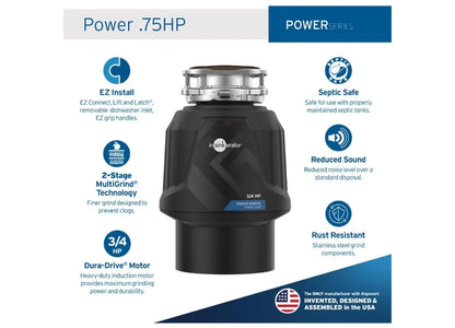 Power 0.75HP, 3/4 HP Garbage Disposal, Power Series EZ Connect Continuous Feed Food Waste Disposer, Black