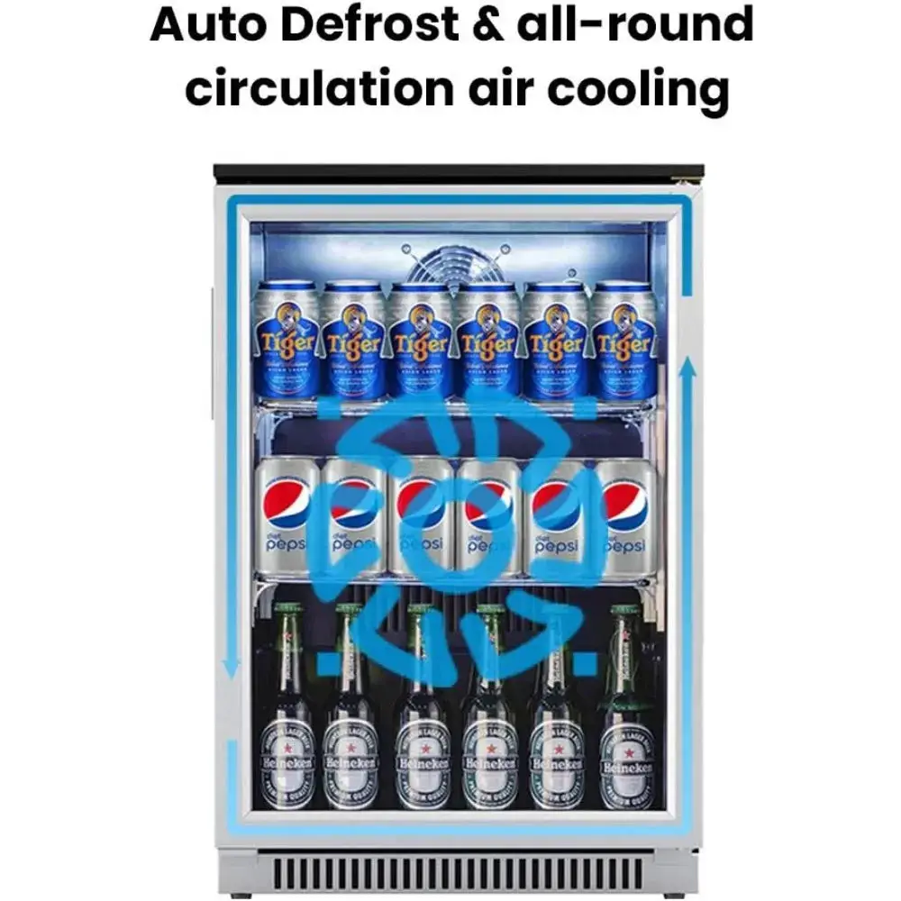 20 Inch Beverage Fridge with Glass Door, 120 Can Mini Fridge with Blue LED Light for Beer, 36-50°F Under Cooler, Auto Defrost