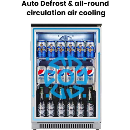 20 Inch Beverage Fridge with Glass Door, 120 Can Mini Fridge with Blue LED Light for Beer, 36-50°F Under Cooler, Auto Defrost