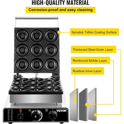 Electric Donut Maker, 9 Holes Commercial Donut Machine, 2000W, Double-Sided Heating, with Non-stick Teflon Coating