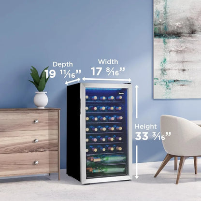 Free Standing Wine Cooler, Holds 36 Bottles, Single Zone Fridge with Glass Door-Chiller for Kitchen, Home Bar, 3.3 Cu.Ft.