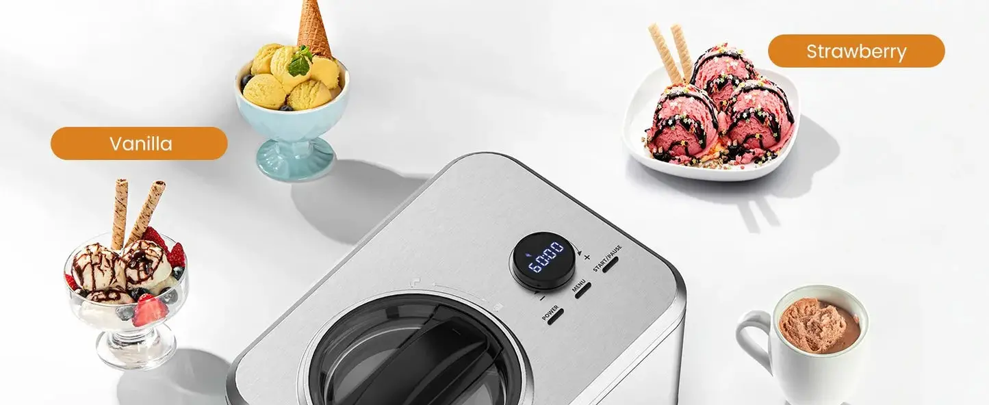 1.6 Quart Ice Cream Maker Machine with Built-in Compressor, Fully Automatic and No Pre-freezing, Frozen Yogurt, Keep-cooling