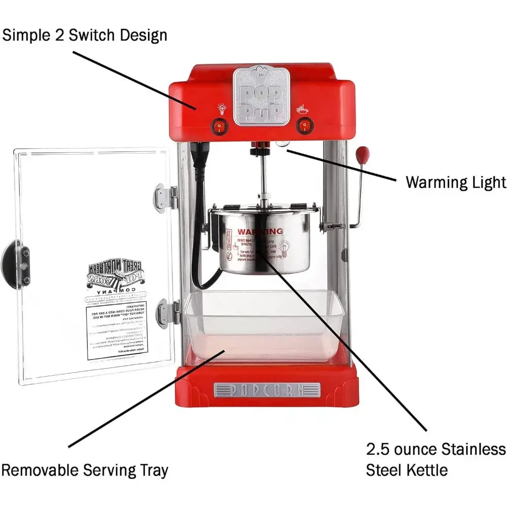 Pop Pup Countertop Popcorn Machine – Tabletop Popper Makes 1 Gallon – 2.5-Ounce Kettle, Catch Tray Warming Light & Scoop, Red