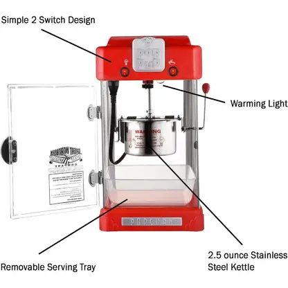 Pop Pup Countertop Popcorn Machine – Tabletop Popper Makes 1 Gallon – 2.5-Ounce Kettle, Catch Tray Warming Light & Scoop, Red