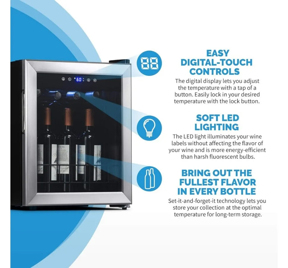 Compact Wine Cooler Refrigerator, 16 Bottle Capacity, Freestanding Countertop Wine Cellar in with UV Protected Glass Door