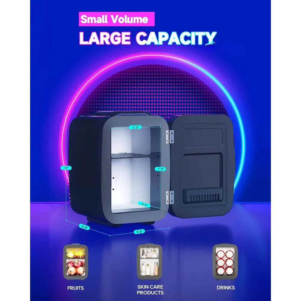Mini lodówka, 4 litry/6 puszek mała lodówka z przyciemnianym światłem LED, AC/DC termoelektryczna chłodziarka i podgrzewacz mini lodówka do gier