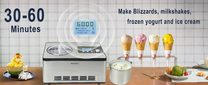 Ice Cream Maker, No Pre-Freezing Automatic Ice Cream Machine 2.1 Quart with Built-in Compressor and LCD Timer for Gelato