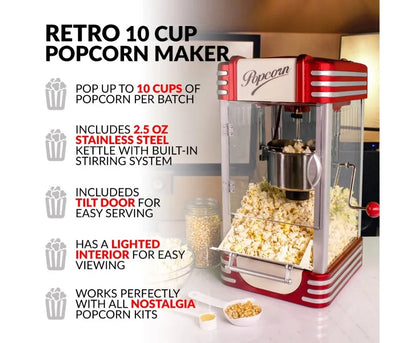 Popcorn Maker, 2.5 Oz Kettle Makes 10 Cups, Retro Classic Popcorn Machine with Interior Light, Measuring Spoons and Scoop, Red